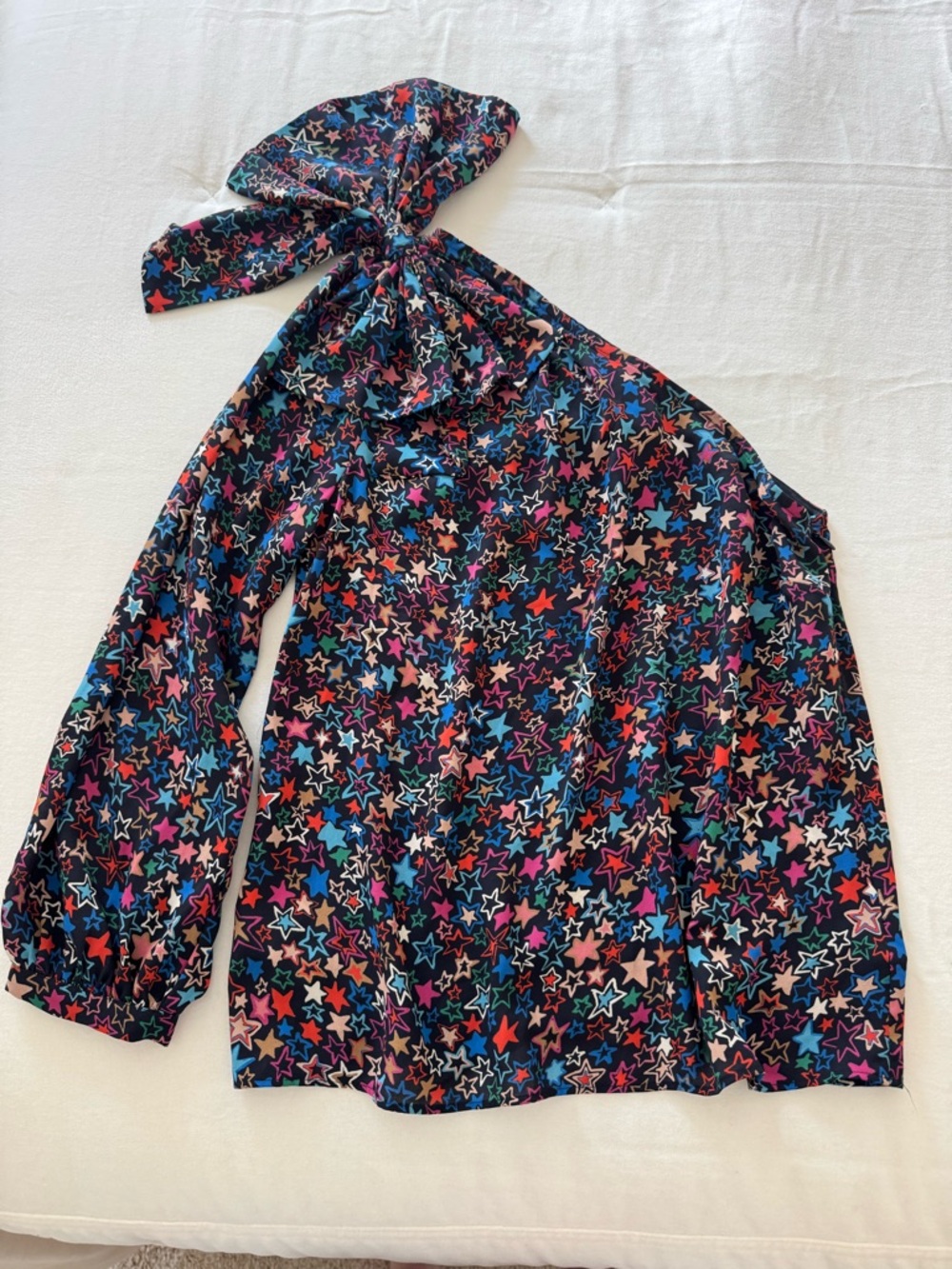 J. Crew Multicolor Star Print One Shoulder Blouse with Bow Independence Day